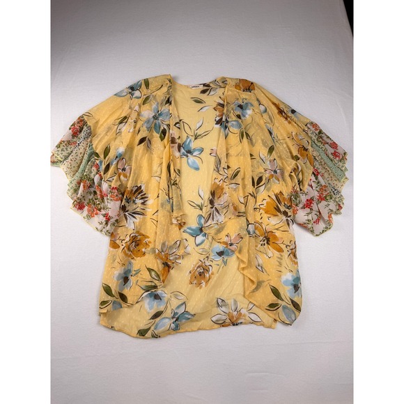 ADORA Other - Adora Yellow Floral Clip Dot Kimono Wrap Top Mixed Print Ruffle Sleeve USA Made